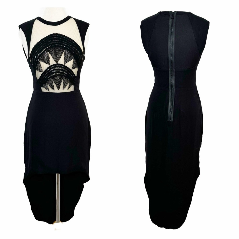 Manning‎ Cartell Hi Lo Evening Dress US 6 Black Sleeveless Beaded Sheer Illusion